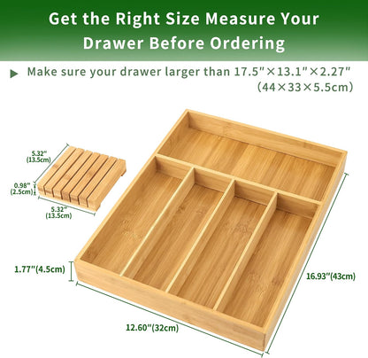 VaeFae Bamboo Silverware Drawer Organizer, 7 Slots, Natural