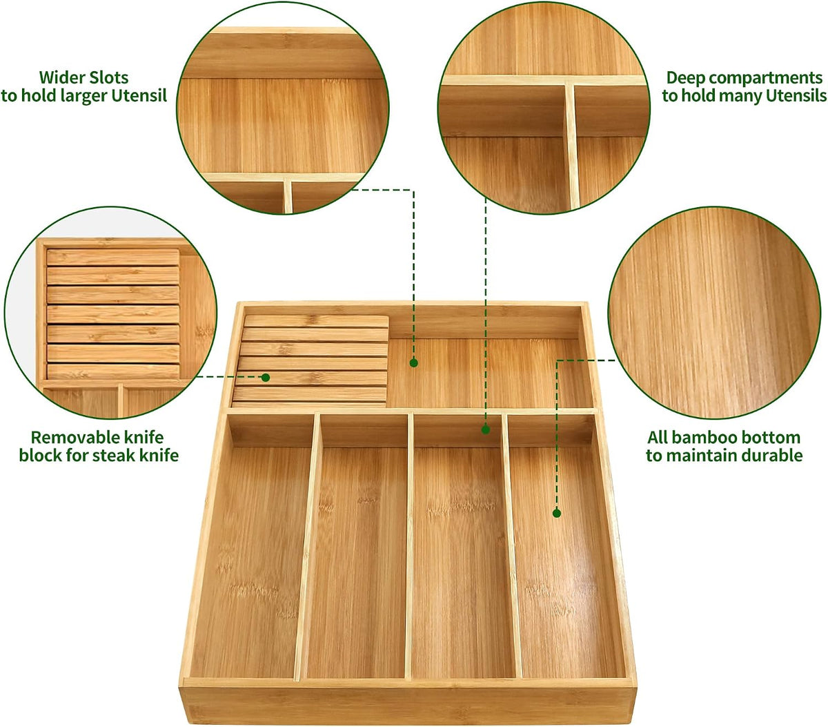 VaeFae Bamboo Silverware Drawer Organizer, 7 Slots, Natural