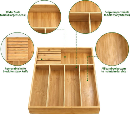 VaeFae Bamboo Silverware Drawer Organizer, 7 Slots, Natural