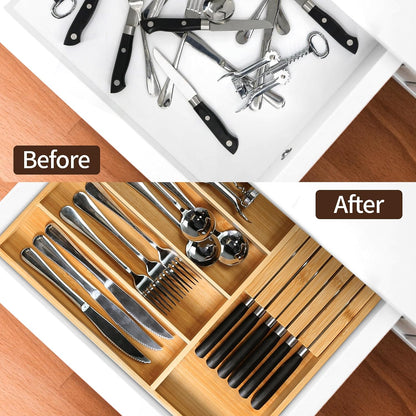 VaeFae Bamboo Silverware Drawer Organizer, 7 Slots, Natural