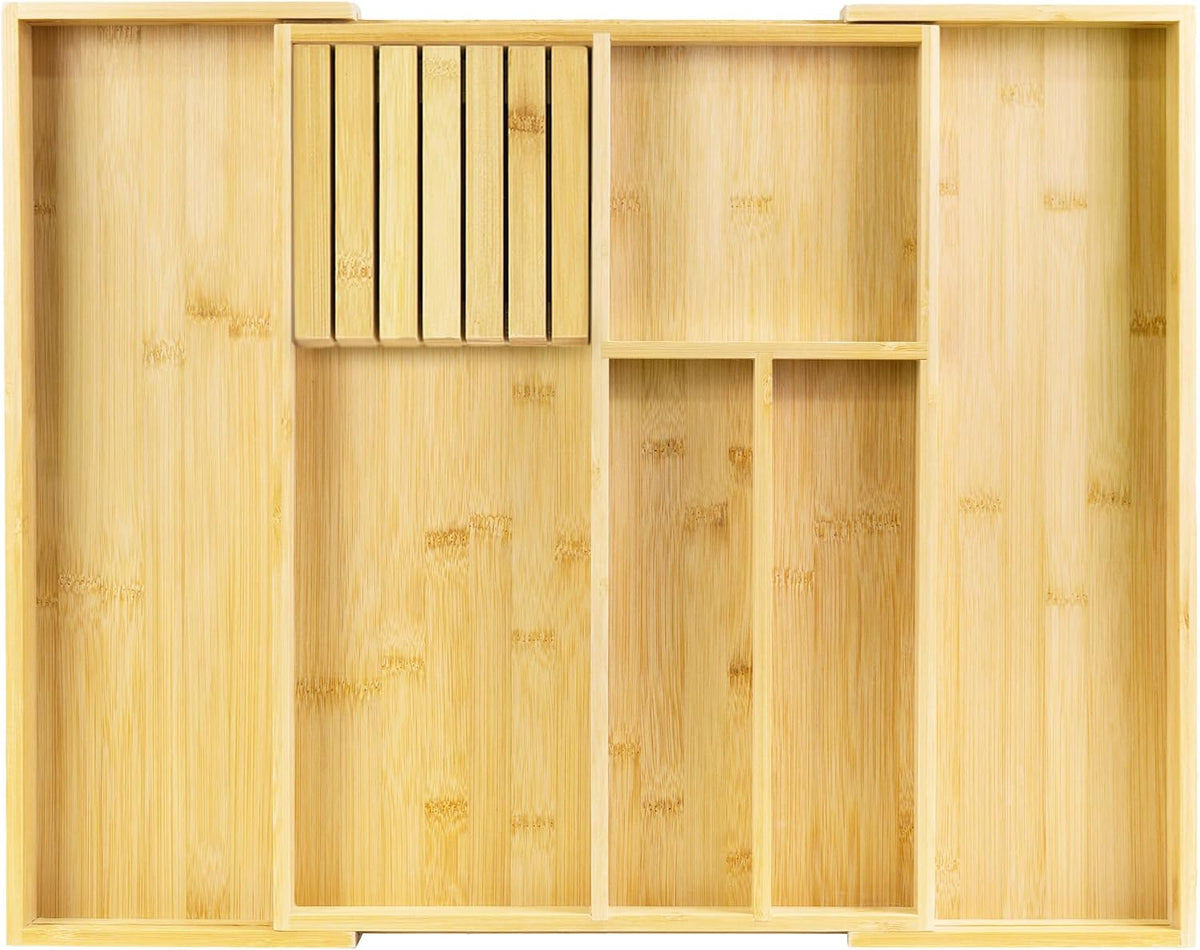 VaeFae Bamboo Silverware Drawer Organizer, 7 Slots, Natural