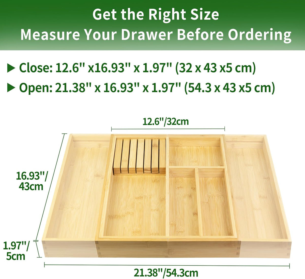 VaeFae Bamboo Silverware Drawer Organizer, 7 Slots, Natural