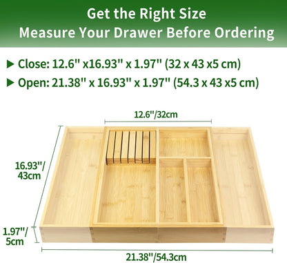 VaeFae Bamboo Silverware Drawer Organizer, 7 Slots, Natural