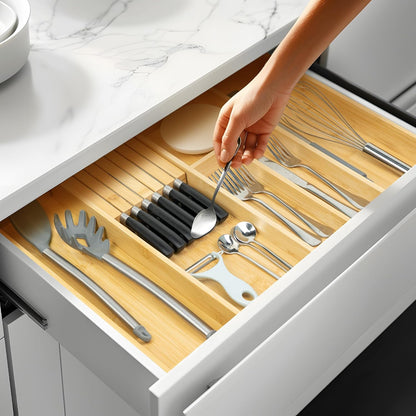 VaeFae Bamboo Silverware Drawer Organizer, 7 Slots, Natural