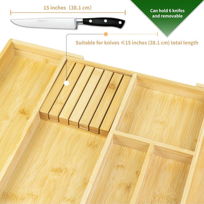 VaeFae Bamboo Silverware Drawer Organizer, 7 Slots, Natural