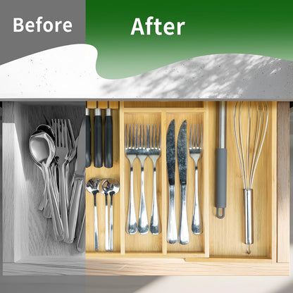 VaeFae Bamboo Silverware Drawer Organizer, 7 Slots, Natural