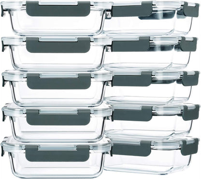 10 Pack,22 oz Glass Food Storage Containers with lids, Gray