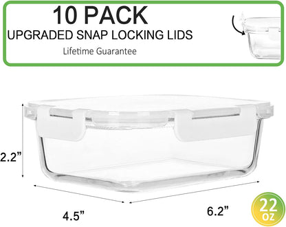 10 Pack,22 oz Glass Food Storage Containers with lids, Gray