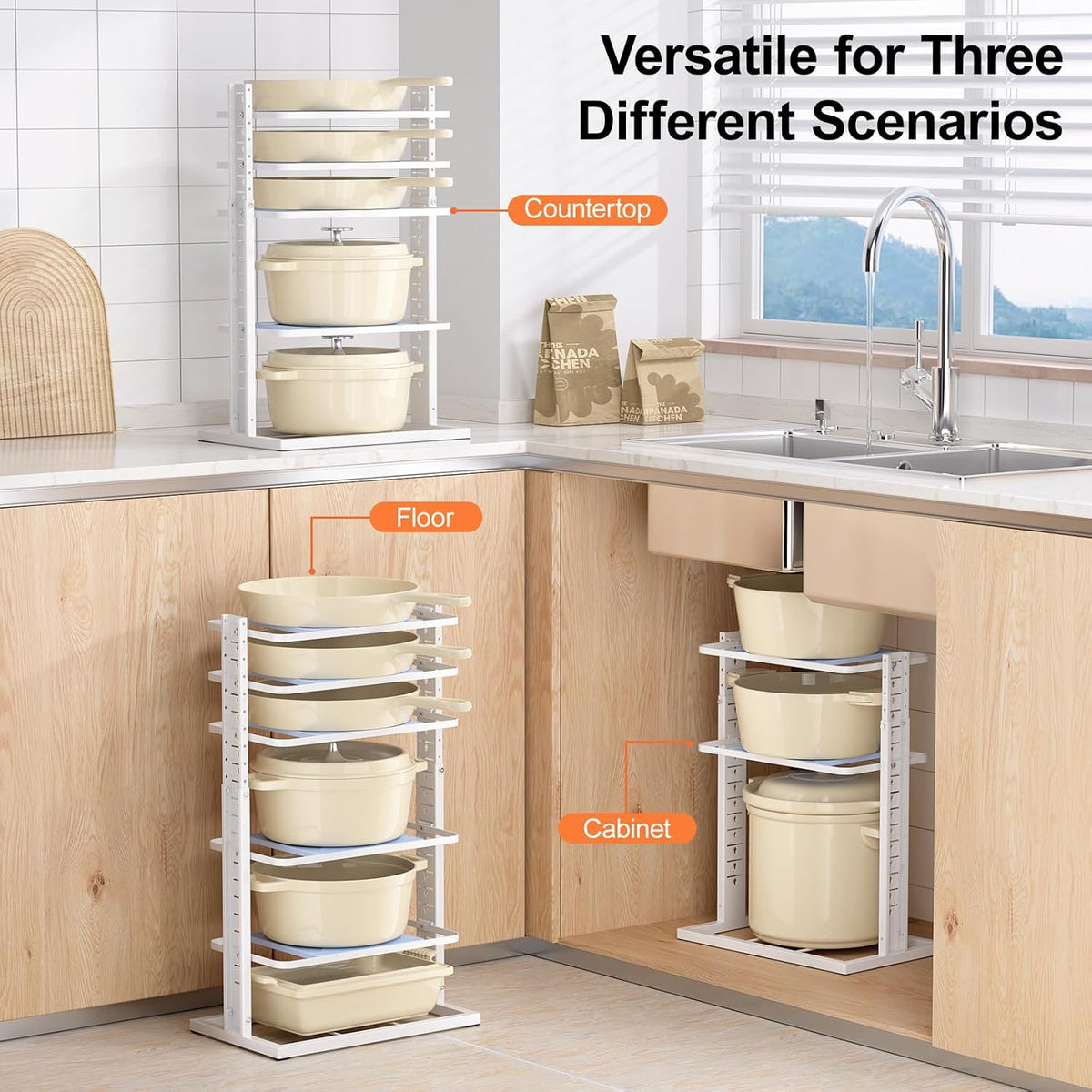 LAMU Pots and Pans Organizer for under Cabinet, 6-Tier Heavy Duty Pan Pot Organizers inside Cabinet Adjustable 14 to 24.57", Pot Rack Kitchen Cabinet Organization and Storage Holds up to 12" Cookware