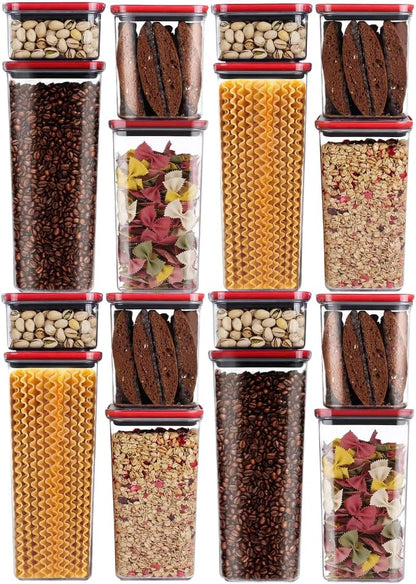 16 Set, Kitchen Pantry Airtight Smart Seal Square Dry Food Storage with Lid, BPA Free, Modular, Stackable, Clear Canister for Cereal, Sugar, Flour, Snack, Coffee, Pasta, Spaghetti Container
