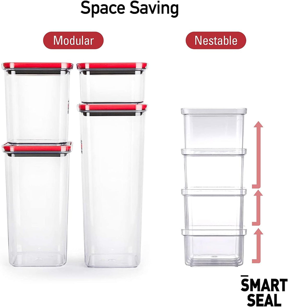 16 Set, Kitchen Pantry Airtight Smart Seal Square Dry Food Storage with Lid, BPA Free, Modular, Stackable, Clear Canister for Cereal, Sugar, Flour, Snack, Coffee, Pasta, Spaghetti Container