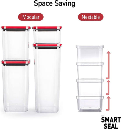 16 Set, Kitchen Pantry Airtight Smart Seal Square Dry Food Storage with Lid, BPA Free, Modular, Stackable, Clear Canister for Cereal, Sugar, Flour, Snack, Coffee, Pasta, Spaghetti Container