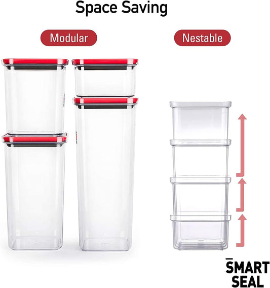 16 Set, Kitchen Pantry Airtight Smart Seal Square Dry Food Storage with Lid, BPA Free, Modular, Stackable, Clear Canister for Cereal, Sugar, Flour, Snack, Coffee, Pasta, Spaghetti Container