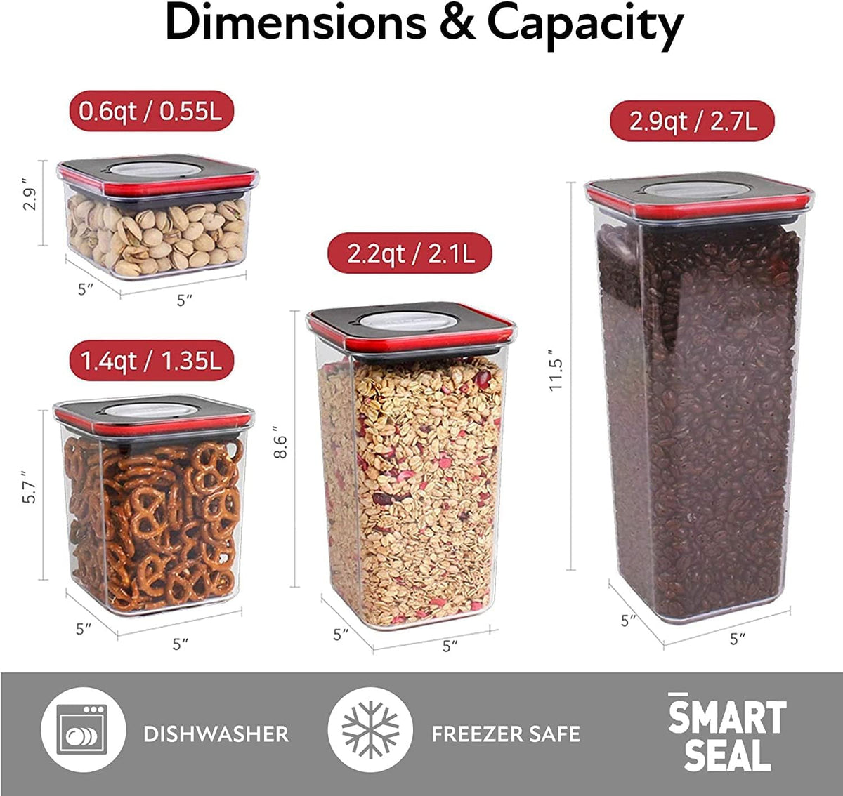 16 Set, Kitchen Pantry Airtight Smart Seal Square Dry Food Storage with Lid, BPA Free, Modular, Stackable, Clear Canister for Cereal, Sugar, Flour, Snack, Coffee, Pasta, Spaghetti Container
