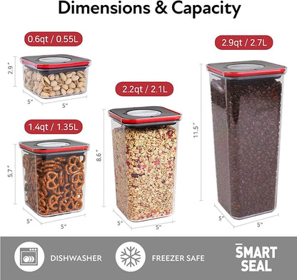 16 Set, Kitchen Pantry Airtight Smart Seal Square Dry Food Storage with Lid, BPA Free, Modular, Stackable, Clear Canister for Cereal, Sugar, Flour, Snack, Coffee, Pasta, Spaghetti Container