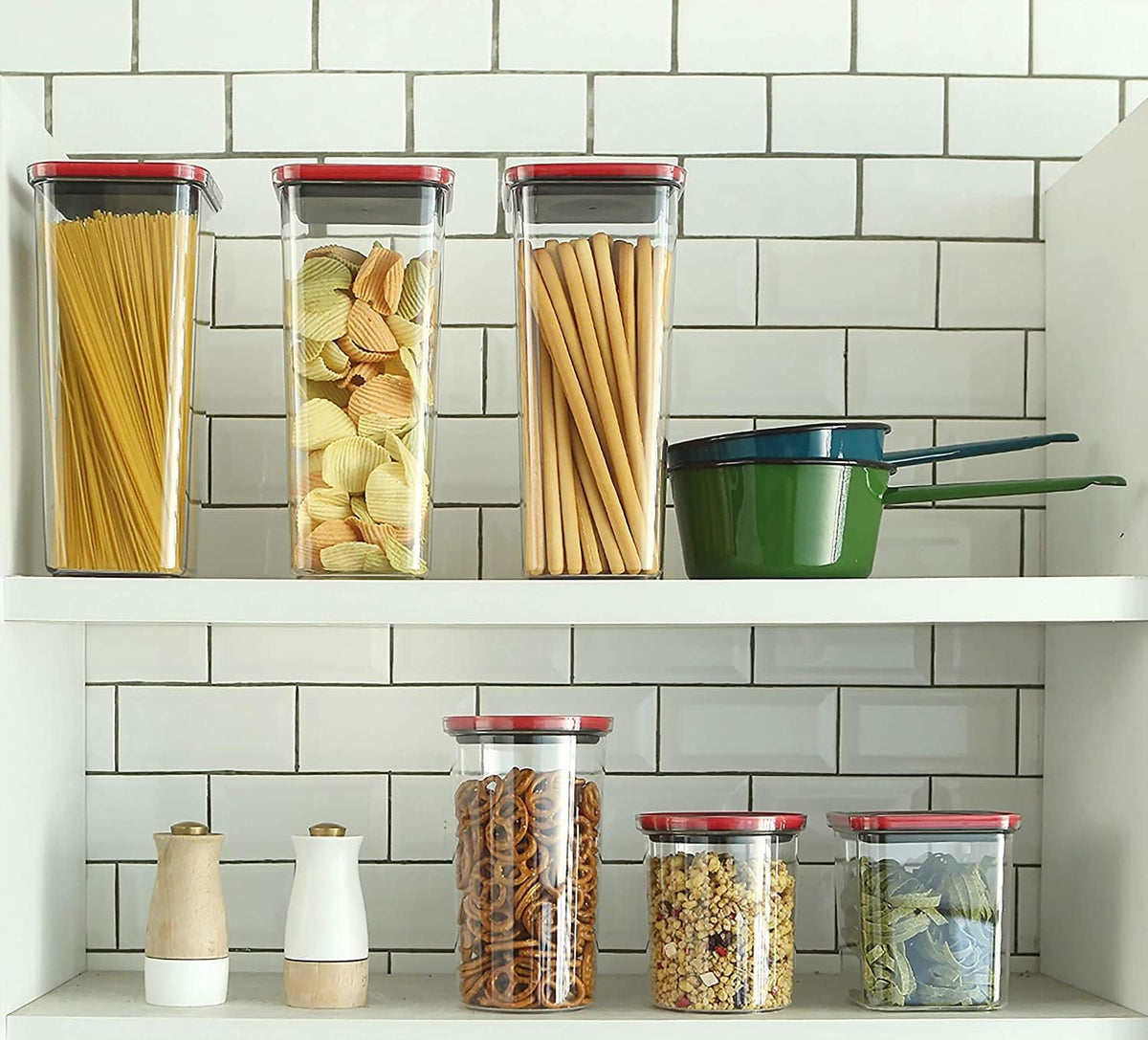 16 Set, Kitchen Pantry Airtight Smart Seal Square Dry Food Storage with Lid, BPA Free, Modular, Stackable, Clear Canister for Cereal, Sugar, Flour, Snack, Coffee, Pasta, Spaghetti Container
