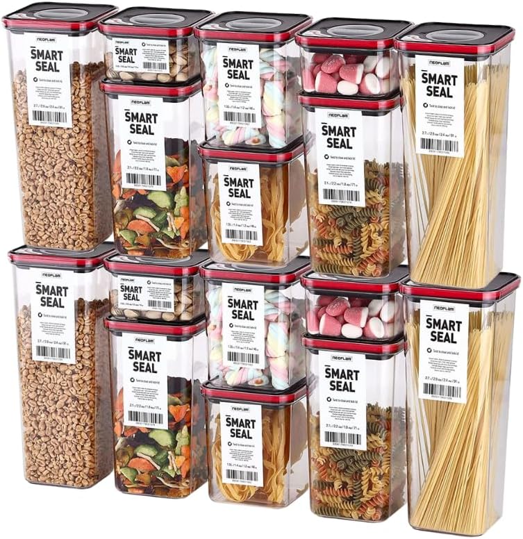16 Set, Kitchen Pantry Airtight Smart Seal Square Dry Food Storage with Lid, BPA Free, Modular, Stackable, Clear Canister for Cereal, Sugar, Flour, Snack, Coffee, Pasta, Spaghetti Container