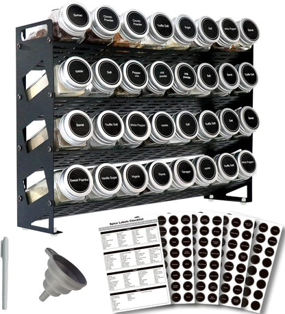 4 Tier Spice Rack Organizer with 32 Square Spice Jars and 160 Spice Labels Set for Kitchen Cabinet Countertop Pantry or Wall Mount, Matte Black