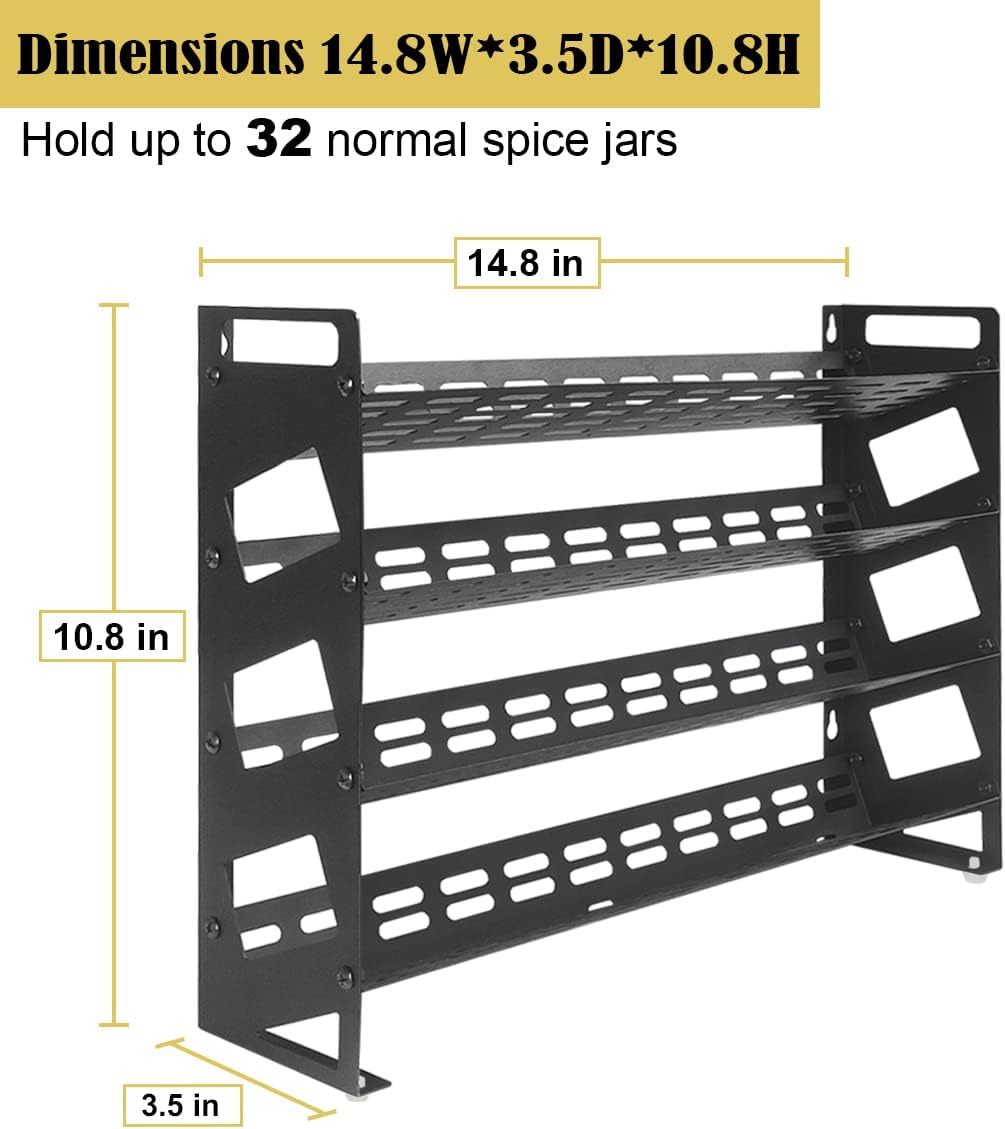 4 Tier Spice Rack Organizer with 32 Square Spice Jars and 160 Spice Labels Set for Kitchen Cabinet Countertop Pantry or Wall Mount, Matte Black
