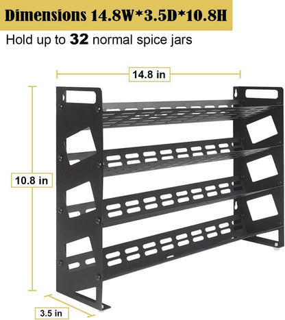 4 Tier Spice Rack Organizer with 32 Square Spice Jars and 160 Spice Labels Set for Kitchen Cabinet Countertop Pantry or Wall Mount, Matte Black