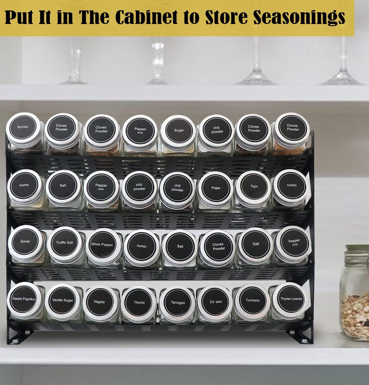 4 Tier Spice Rack Organizer with 32 Square Spice Jars and 160 Spice Labels Set for Kitchen Cabinet Countertop Pantry or Wall Mount, Matte Black