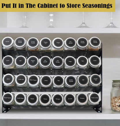 4 Tier Spice Rack Organizer with 32 Square Spice Jars and 160 Spice Labels Set for Kitchen Cabinet Countertop Pantry or Wall Mount, Matte Black