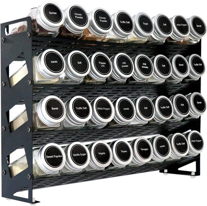 4 Tier Spice Rack Organizer with 32 Square Spice Jars and 160 Spice Labels Set for Kitchen Cabinet Countertop Pantry or Wall Mount, Matte Black
