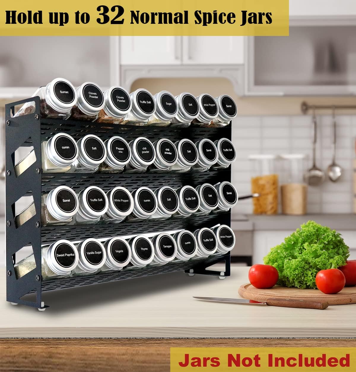 4 Tier Spice Rack Organizer with 32 Square Spice Jars and 160 Spice Labels Set for Kitchen Cabinet Countertop Pantry or Wall Mount, Matte Black