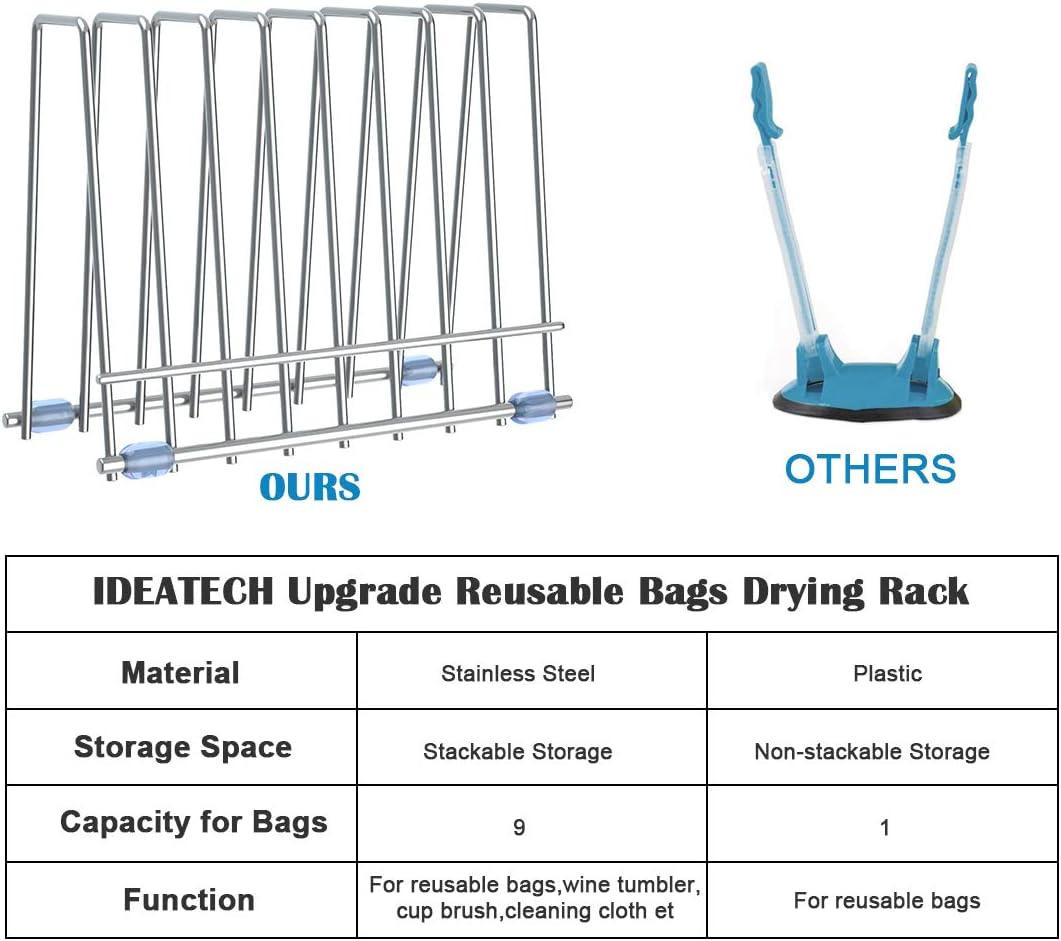 Reusable Storage Bags Rack, Drying Rack for Storage Bags, Stainless Stand for Reusable Freezer Containers & Vacuum Sealer Bags , File Organizer Desktop Storage, Kitchen Storage & Organization (Silver)