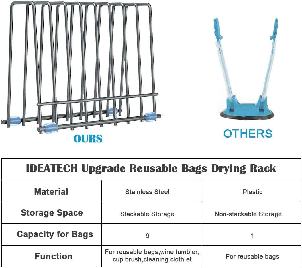 Reusable Storage Bags Rack, Drying Rack for Storage Bags, Stainless Stand for Reusable Freezer Containers & Vacuum Sealer Bags , File Organizer Desktop Storage, Kitchen Storage & Organization (Silver)