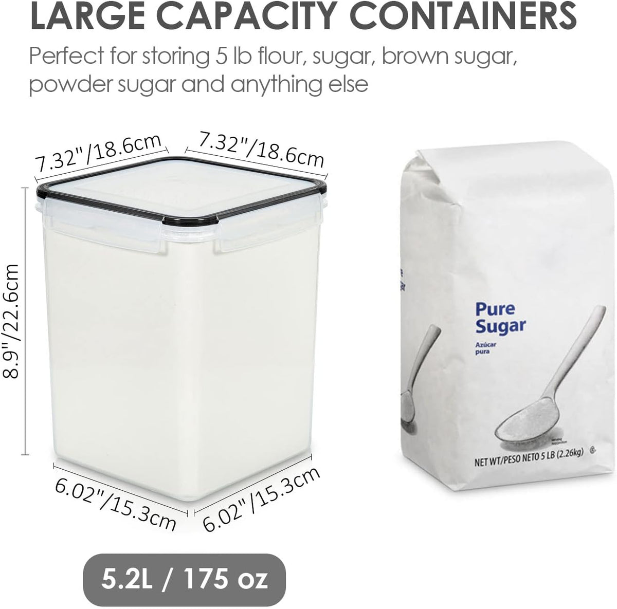 5.2L Flour Sugar Storage Containers, 4 PCS, Black
