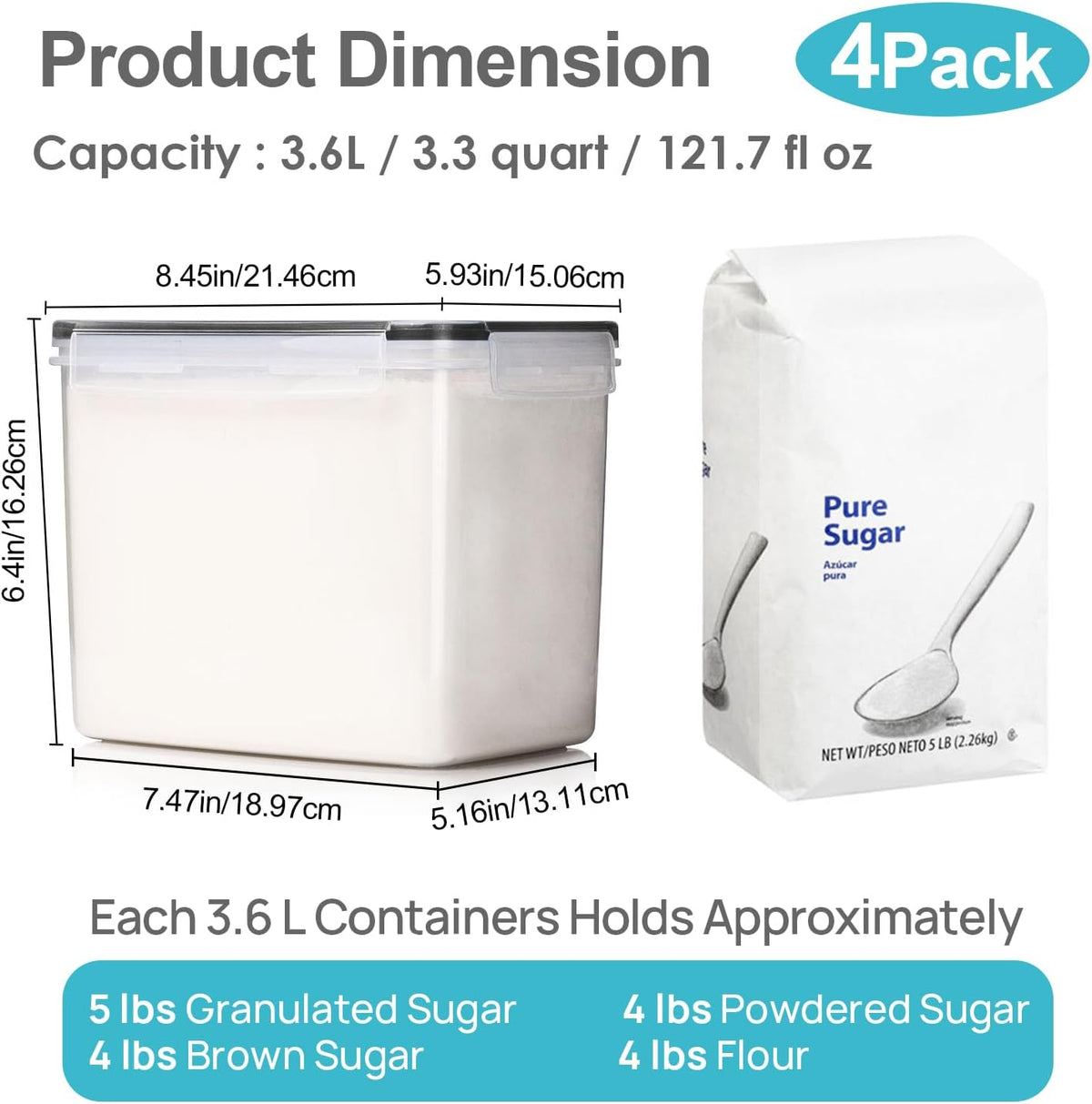5.2L Flour Sugar Storage Containers, 4 PCS, Black