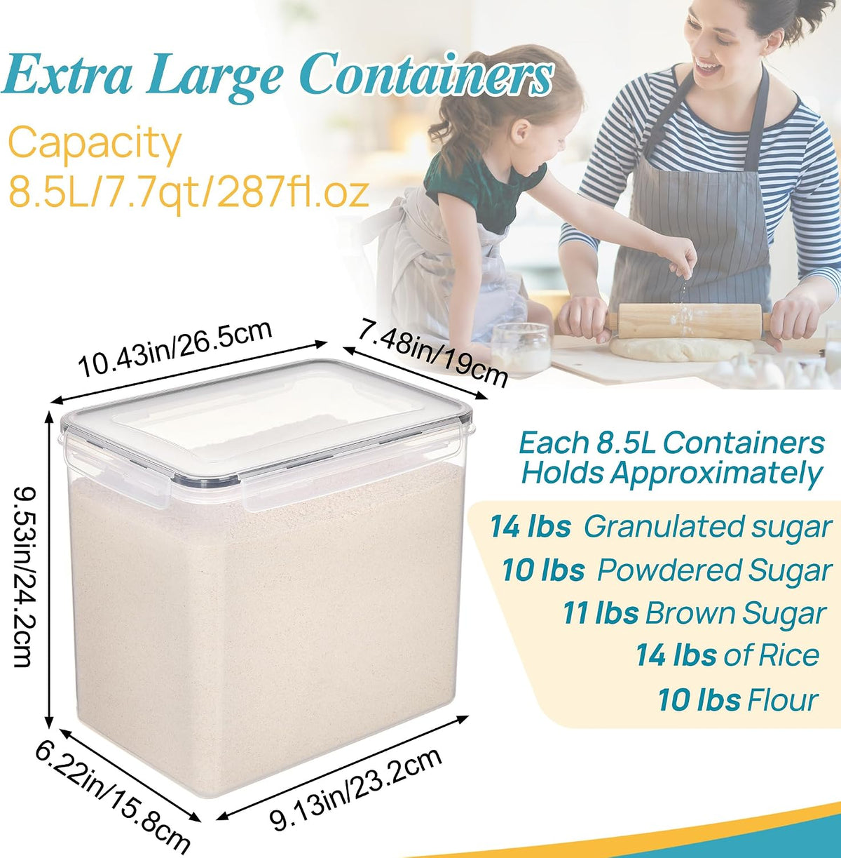5.2L Flour Sugar Storage Containers, 4 PCS, Black