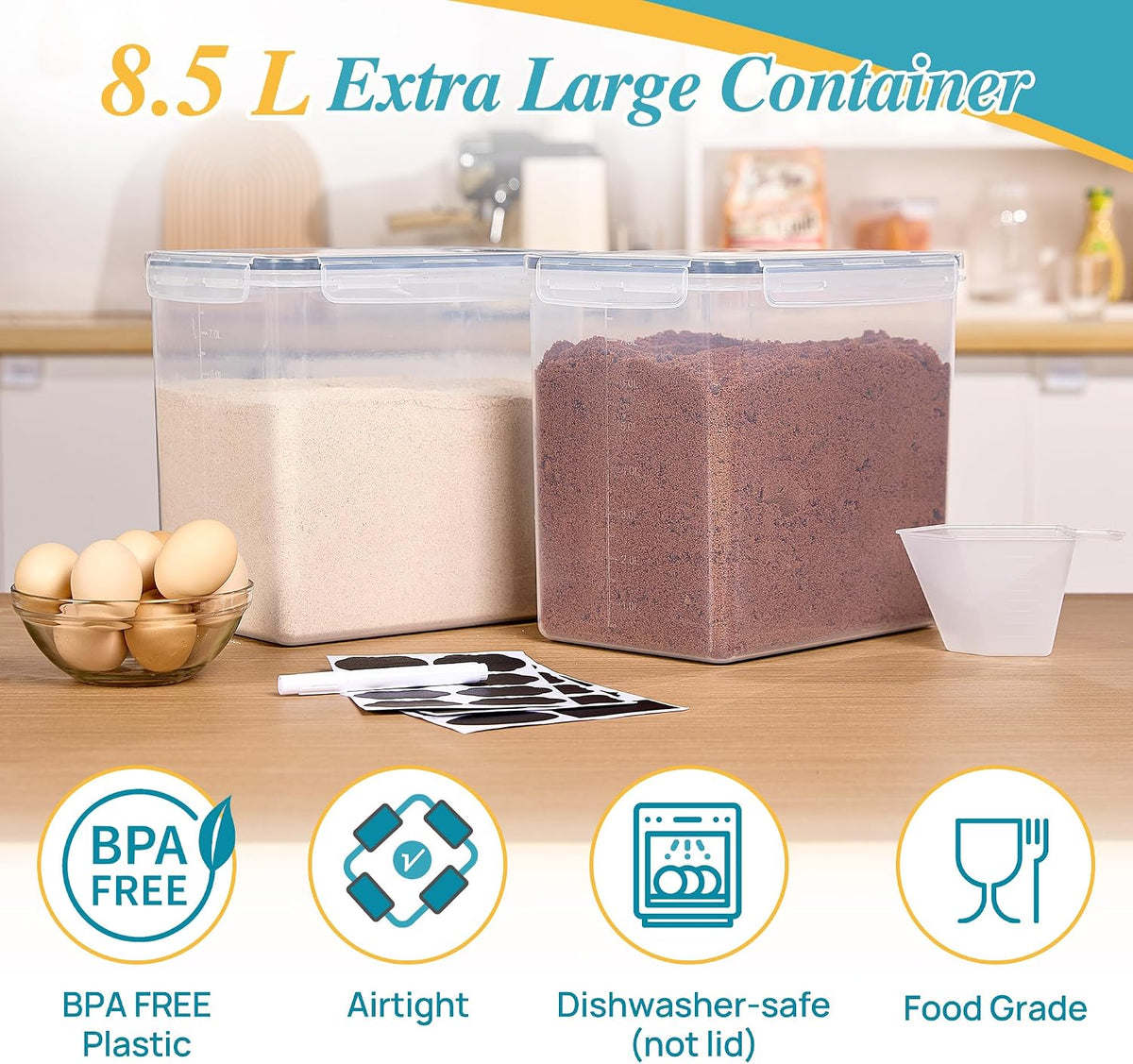 5.2L Flour Sugar Storage Containers, 4 PCS, Black