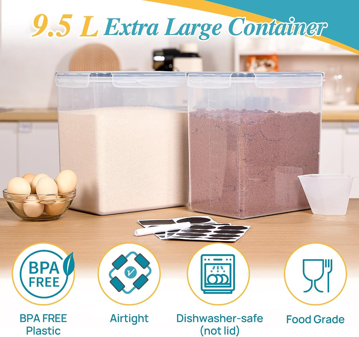 5.2L Flour Sugar Storage Containers, 4 PCS, Black
