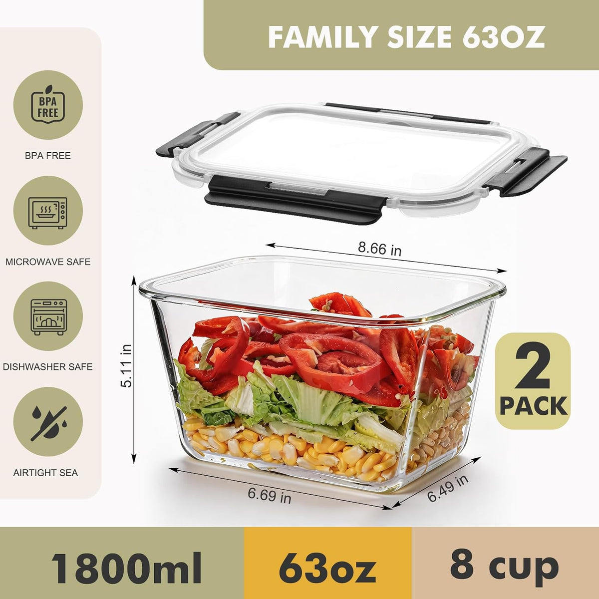 Glass Food Storage Containers with Lids, Meal Prep Containers, Airtight Bento Boxes with Leak Proof Locking for Microwave, Oven, Freezer and Dishwasher, BPA Free