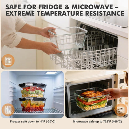 Glass Food Storage Containers with Lids, Meal Prep Containers, Airtight Bento Boxes with Leak Proof Locking for Microwave, Oven, Freezer and Dishwasher, BPA Free