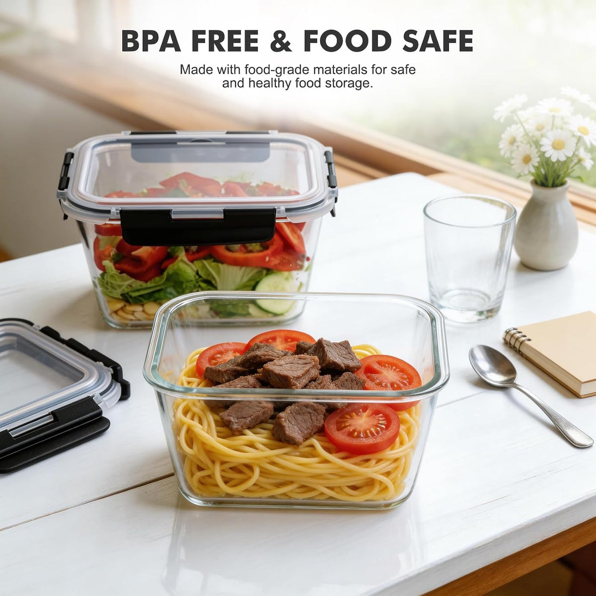 Glass Food Storage Containers with Lids, Meal Prep Containers, Airtight Bento Boxes with Leak Proof Locking for Microwave, Oven, Freezer and Dishwasher, BPA Free