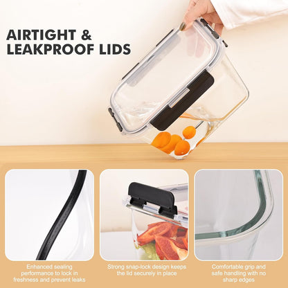 Glass Food Storage Containers with Lids, Meal Prep Containers, Airtight Bento Boxes with Leak Proof Locking for Microwave, Oven, Freezer and Dishwasher, BPA Free