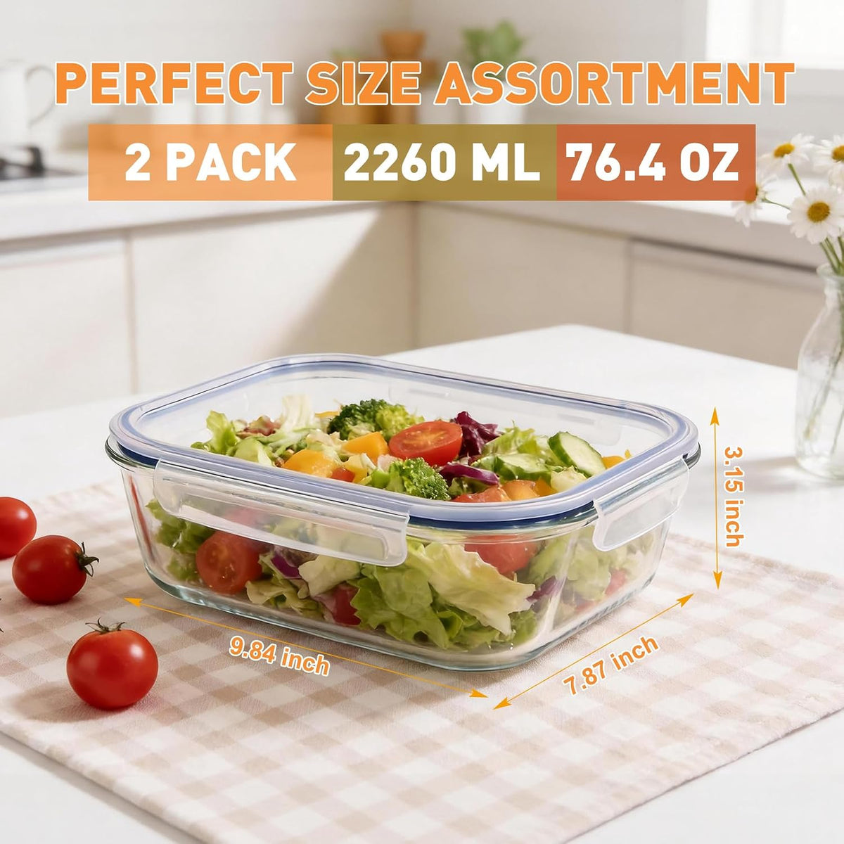 Glass Food Storage Containers with Lids, Meal Prep Containers, Airtight Bento Boxes with Leak Proof Locking for Microwave, Oven, Freezer and Dishwasher, BPA Free