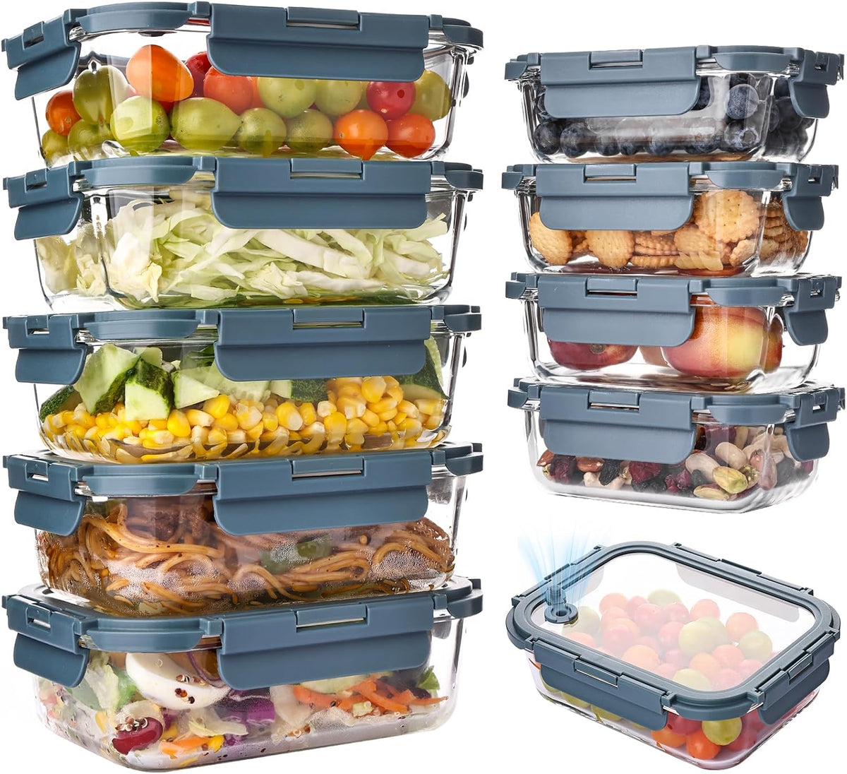 Glass Food Storage Containers with Lids, Meal Prep Containers, Airtight Bento Boxes with Leak Proof Locking for Microwave, Oven, Freezer and Dishwasher, BPA Free