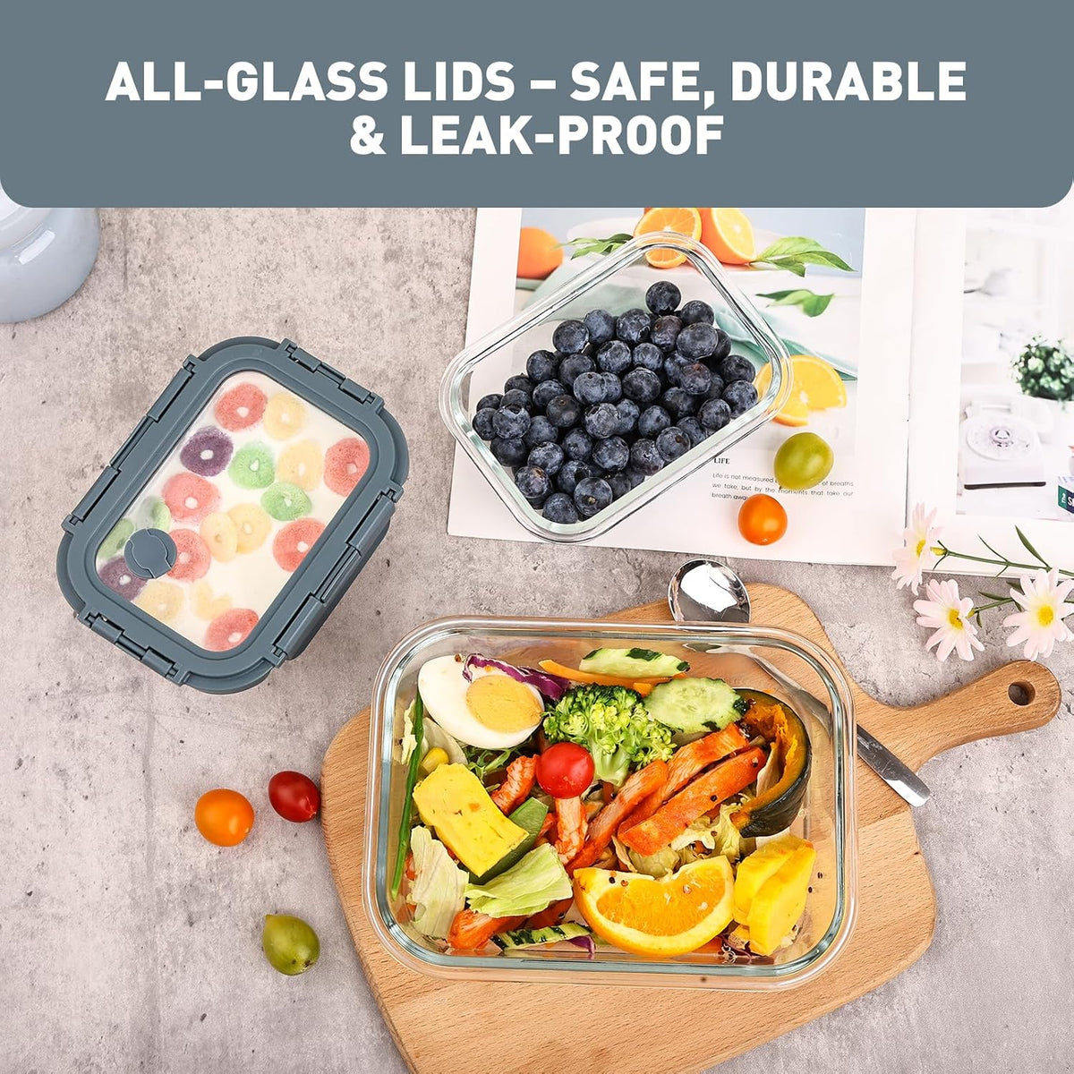 Glass Food Storage Containers with Lids, Meal Prep Containers, Airtight Bento Boxes with Leak Proof Locking for Microwave, Oven, Freezer and Dishwasher, BPA Free