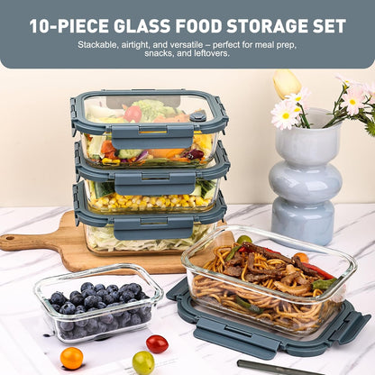 Glass Food Storage Containers with Lids, Meal Prep Containers, Airtight Bento Boxes with Leak Proof Locking for Microwave, Oven, Freezer and Dishwasher, BPA Free
