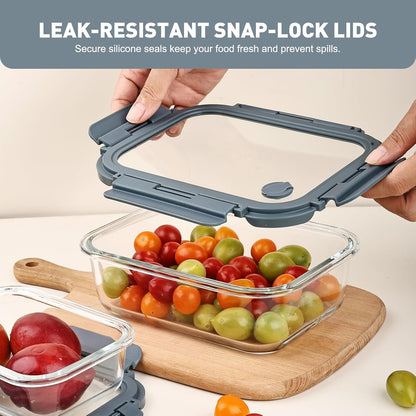 Glass Food Storage Containers with Lids, Meal Prep Containers, Airtight Bento Boxes with Leak Proof Locking for Microwave, Oven, Freezer and Dishwasher, BPA Free