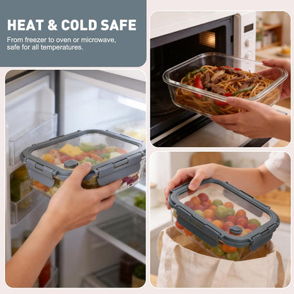 Glass Food Storage Containers with Lids, Meal Prep Containers, Airtight Bento Boxes with Leak Proof Locking for Microwave, Oven, Freezer and Dishwasher, BPA Free