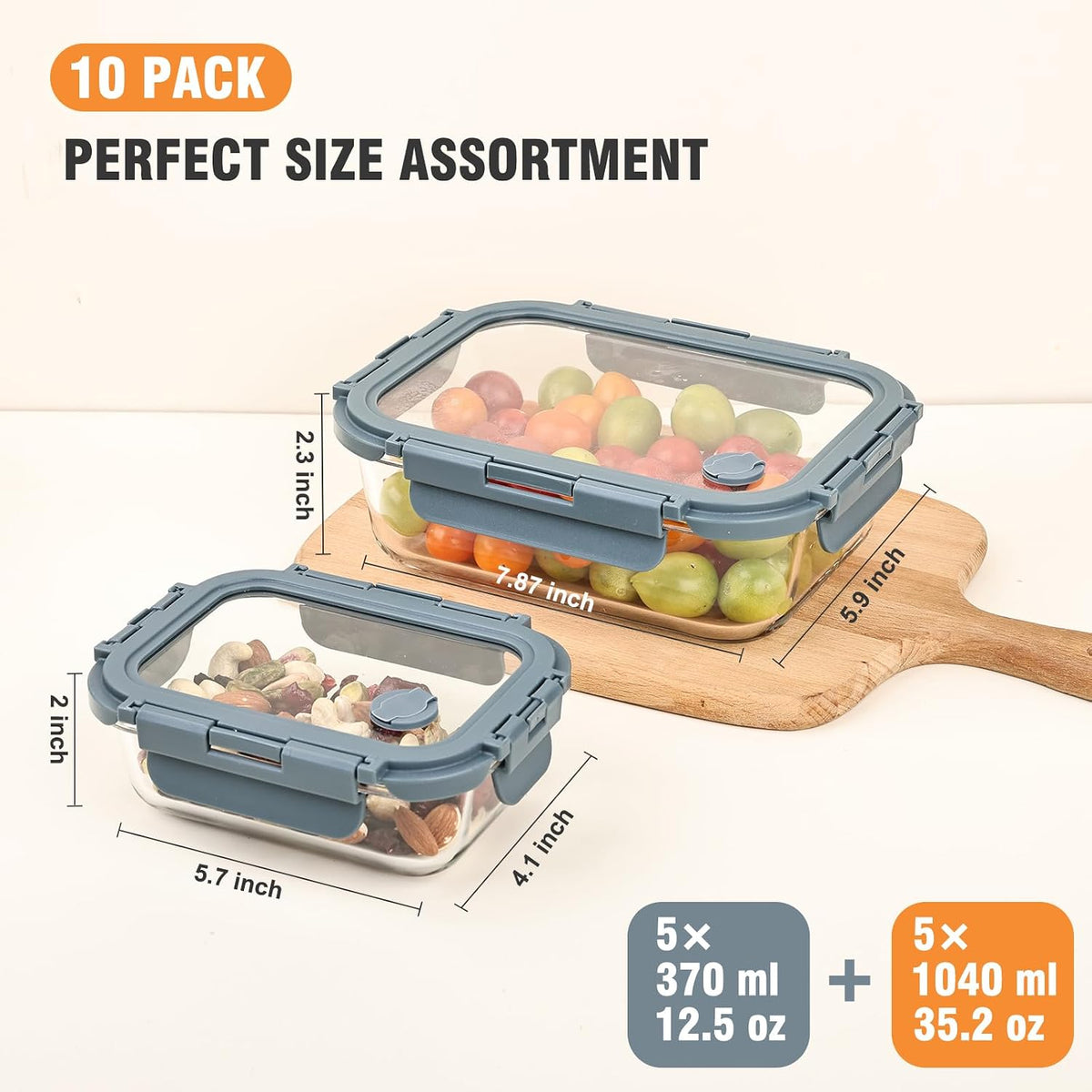Glass Food Storage Containers with Lids, Meal Prep Containers, Airtight Bento Boxes with Leak Proof Locking for Microwave, Oven, Freezer and Dishwasher, BPA Free