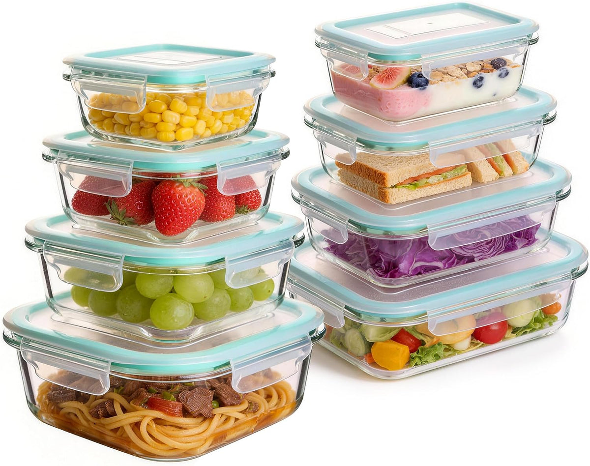 Glass Food Storage Containers with Lids, Meal Prep Containers, Airtight Bento Boxes with Leak Proof Locking for Microwave, Oven, Freezer and Dishwasher, BPA Free