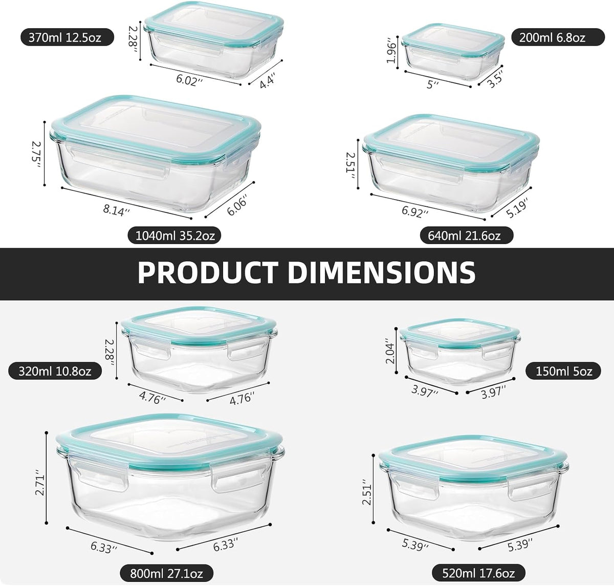 Glass Food Storage Containers with Lids, Meal Prep Containers, Airtight Bento Boxes with Leak Proof Locking for Microwave, Oven, Freezer and Dishwasher, BPA Free
