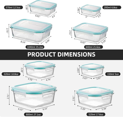Glass Food Storage Containers with Lids, Meal Prep Containers, Airtight Bento Boxes with Leak Proof Locking for Microwave, Oven, Freezer and Dishwasher, BPA Free