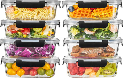 Glass Food Storage Containers with Lids, Meal Prep Containers, Airtight Bento Boxes with Leak Proof Locking for Microwave, Oven, Freezer and Dishwasher, BPA Free